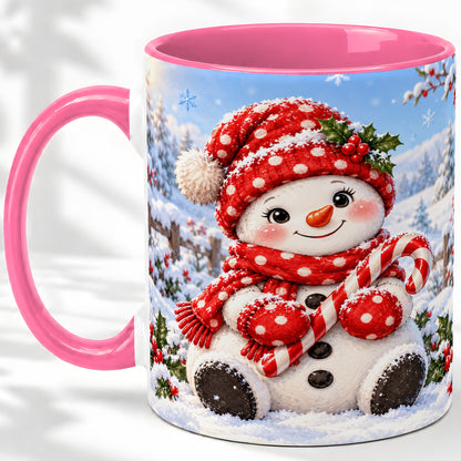 #pl[11oz|Pink] Cute Christmas Snowman Ceramic Mug, Red Polka Dot Winter Design