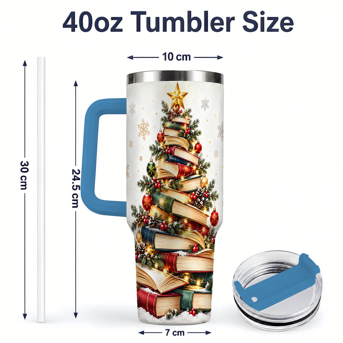 #pl[40oz|Blue] Christmas Book Tree 40oz Handled Tumbler, Holiday Reading Theme
