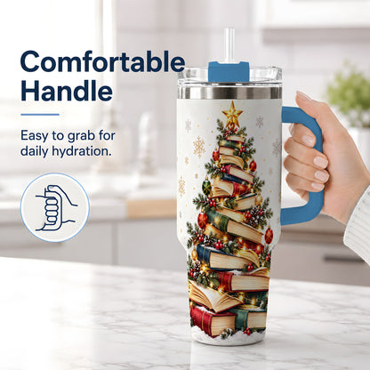 #pl[40oz|Blue] Christmas Book Tree 40oz Handled Tumbler, Holiday Reading Theme