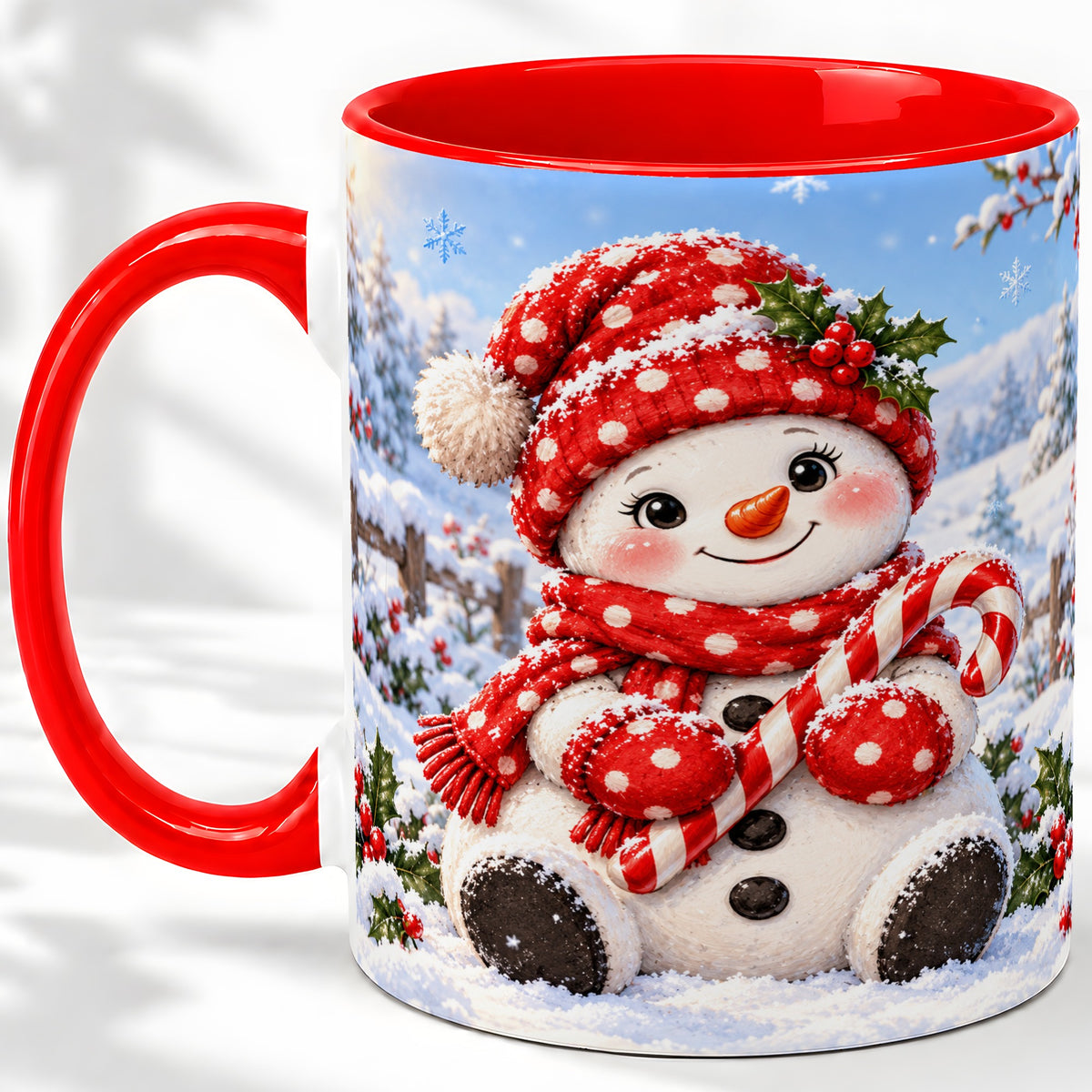 Cute Christmas Snowman Ceramic Mug, Red Polka Dot Winter Design