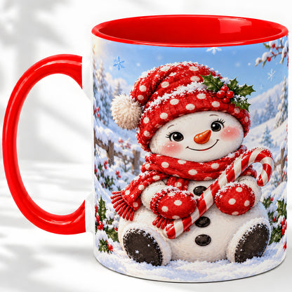 Cute Christmas Snowman Ceramic Mug, Red Polka Dot Winter Design