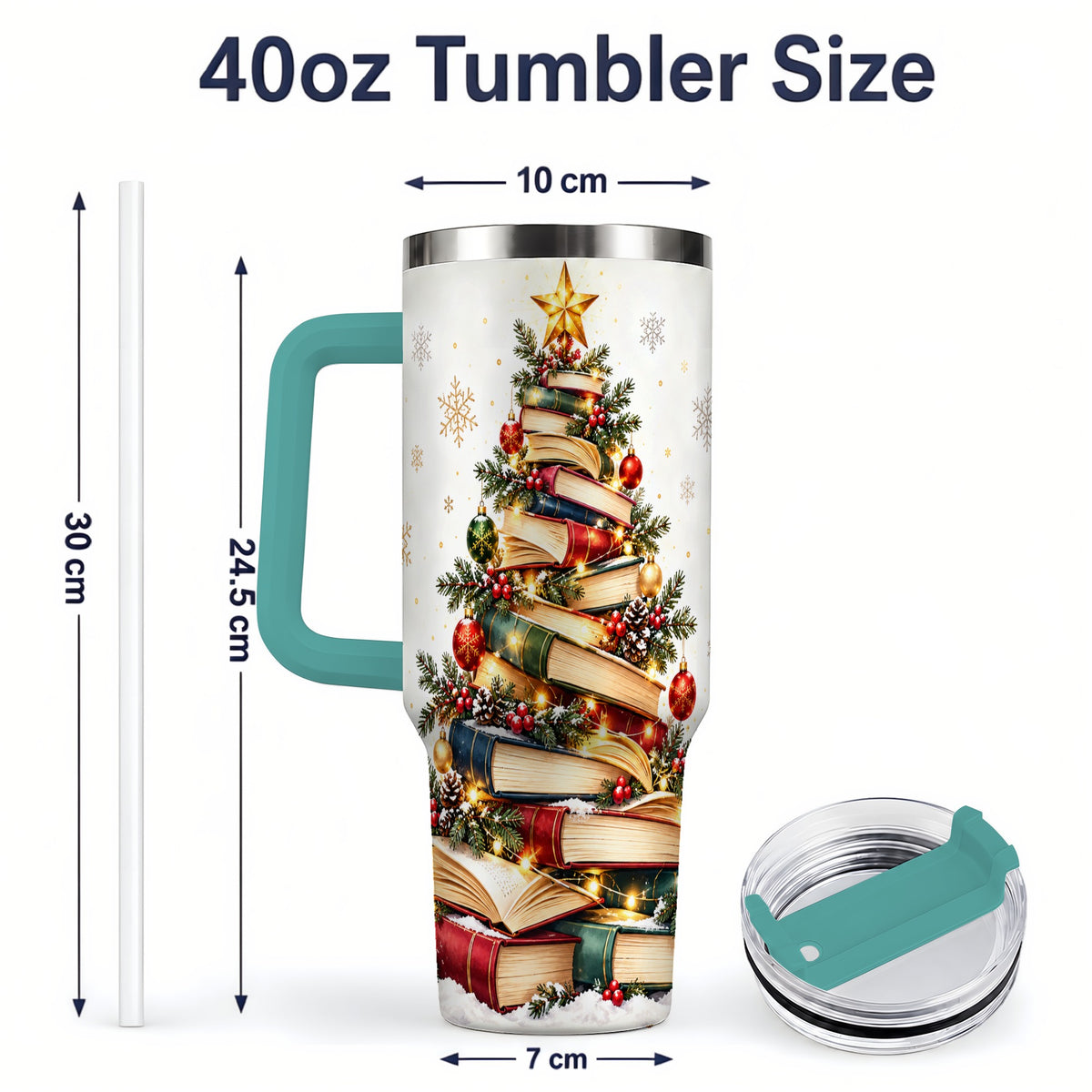 #pl[40oz|Green] Christmas Book Tree 40oz Handled Tumbler, Holiday Reading Theme