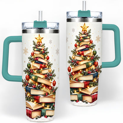 #pl[40oz|Green] Christmas Book Tree 40oz Handled Tumbler, Holiday Reading Theme