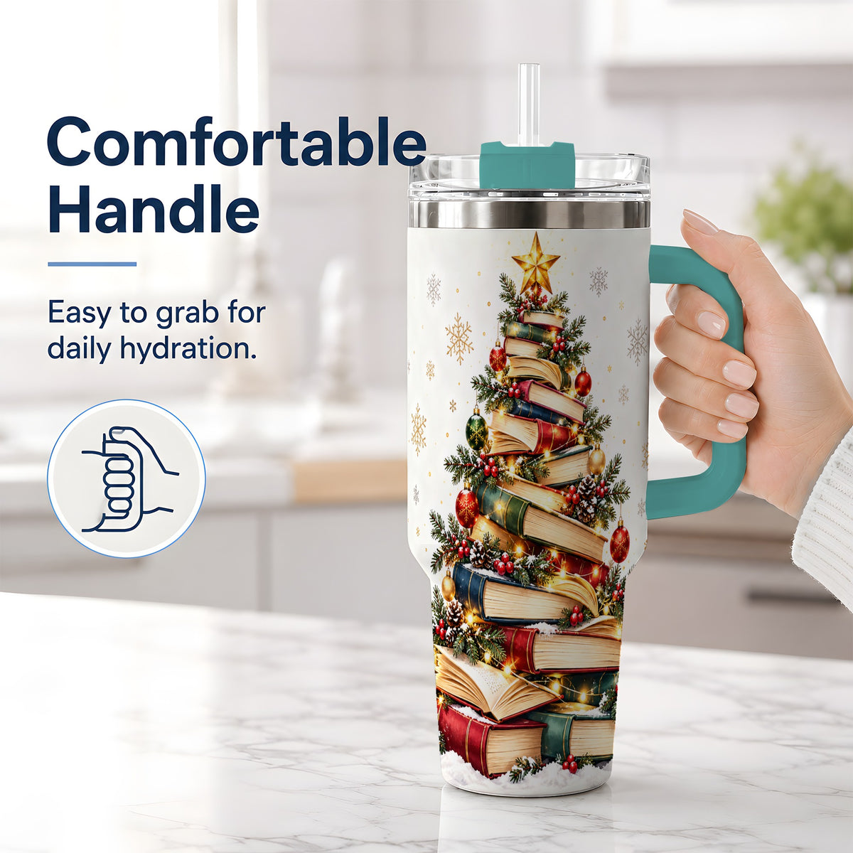 #pl[40oz|Green] Christmas Book Tree 40oz Handled Tumbler, Holiday Reading Theme