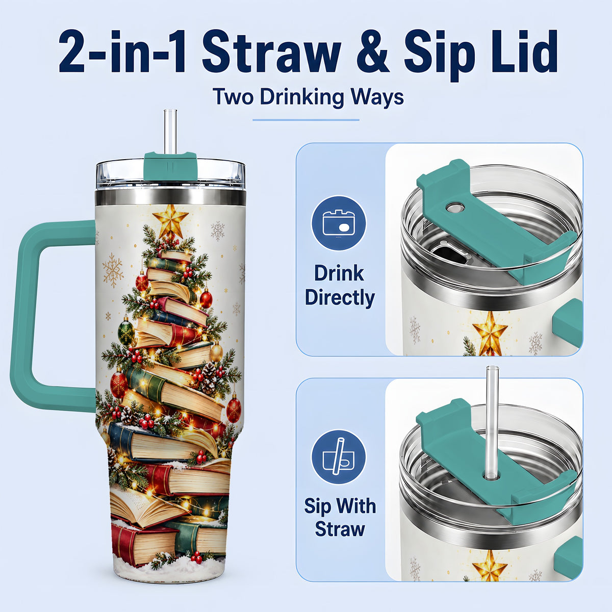 #pl[40oz|Green] Christmas Book Tree 40oz Handled Tumbler, Holiday Reading Theme