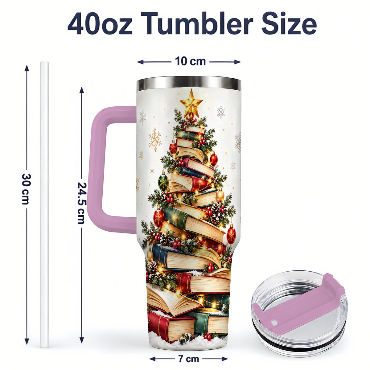 #pl[40oz|Pink] Christmas Book Tree 40oz Handled Tumbler, Holiday Reading Theme
