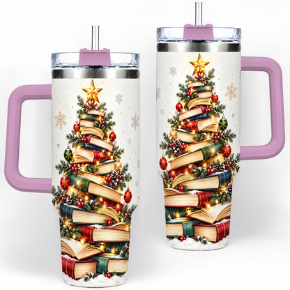 #pl[40oz|Pink] Christmas Book Tree 40oz Handled Tumbler, Holiday Reading Theme