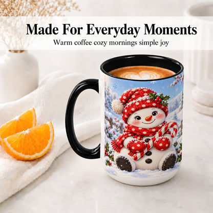 #pl[15oz|Black] Cute Christmas Snowman Ceramic Mug, Red Polka Dot Winter Design