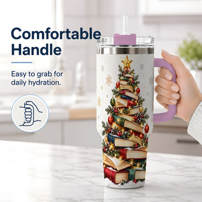 #pl[40oz|Pink] Christmas Book Tree 40oz Handled Tumbler, Holiday Reading Theme