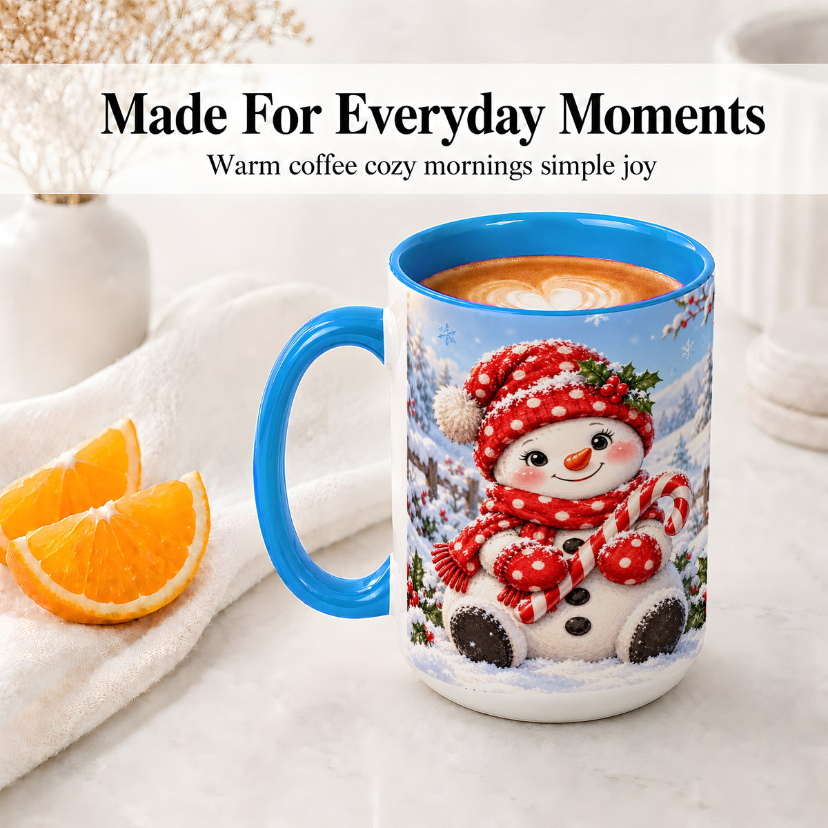 #pl[15oz|Blue] Cute Christmas Snowman Ceramic Mug, Red Polka Dot Winter Design