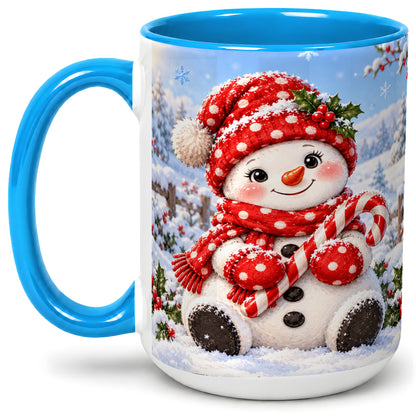 #pl[15oz|Blue] Cute Christmas Snowman Ceramic Mug, Red Polka Dot Winter Design
