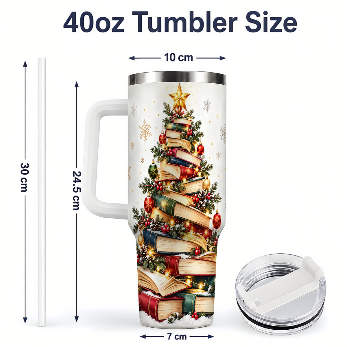 #pl[40oz|White] Christmas Book Tree 40oz Handled Tumbler, Holiday Reading Theme