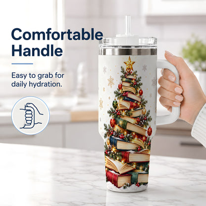 #pl[40oz|White] Christmas Book Tree 40oz Handled Tumbler, Holiday Reading Theme