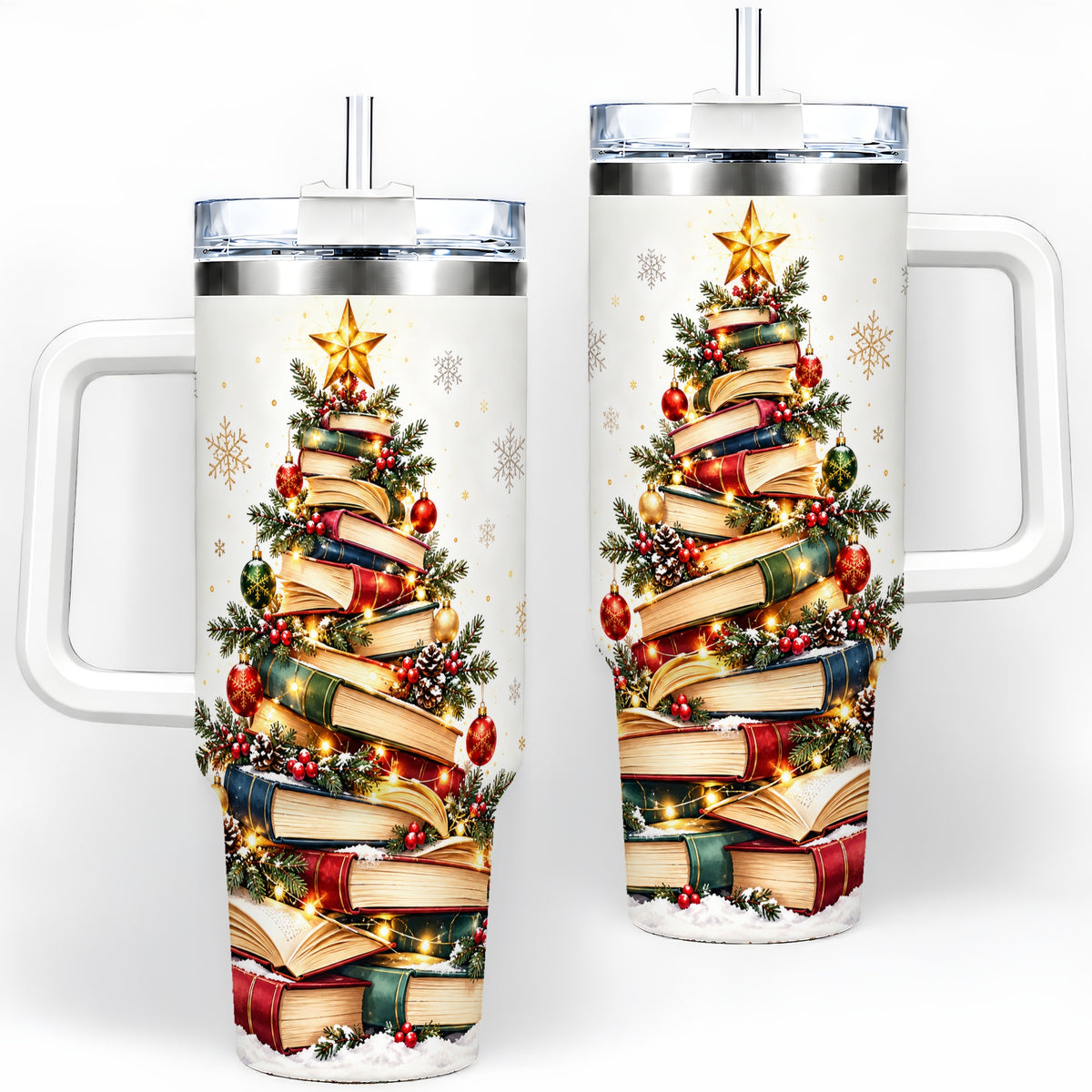 Christmas Book Tree 40oz Handled Tumbler, Holiday Reading Theme