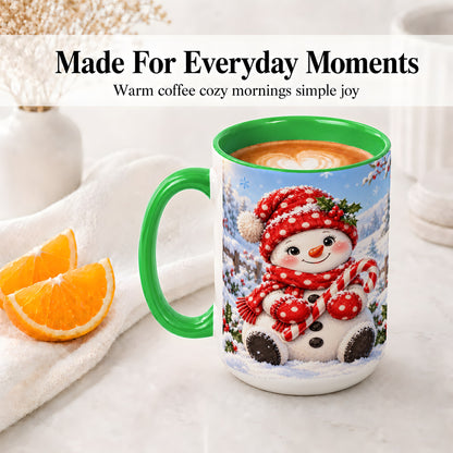 #pl[15oz|Green] Cute Christmas Snowman Ceramic Mug, Red Polka Dot Winter Design