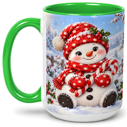 #pl[15oz|Green] Cute Christmas Snowman Ceramic Mug, Red Polka Dot Winter Design