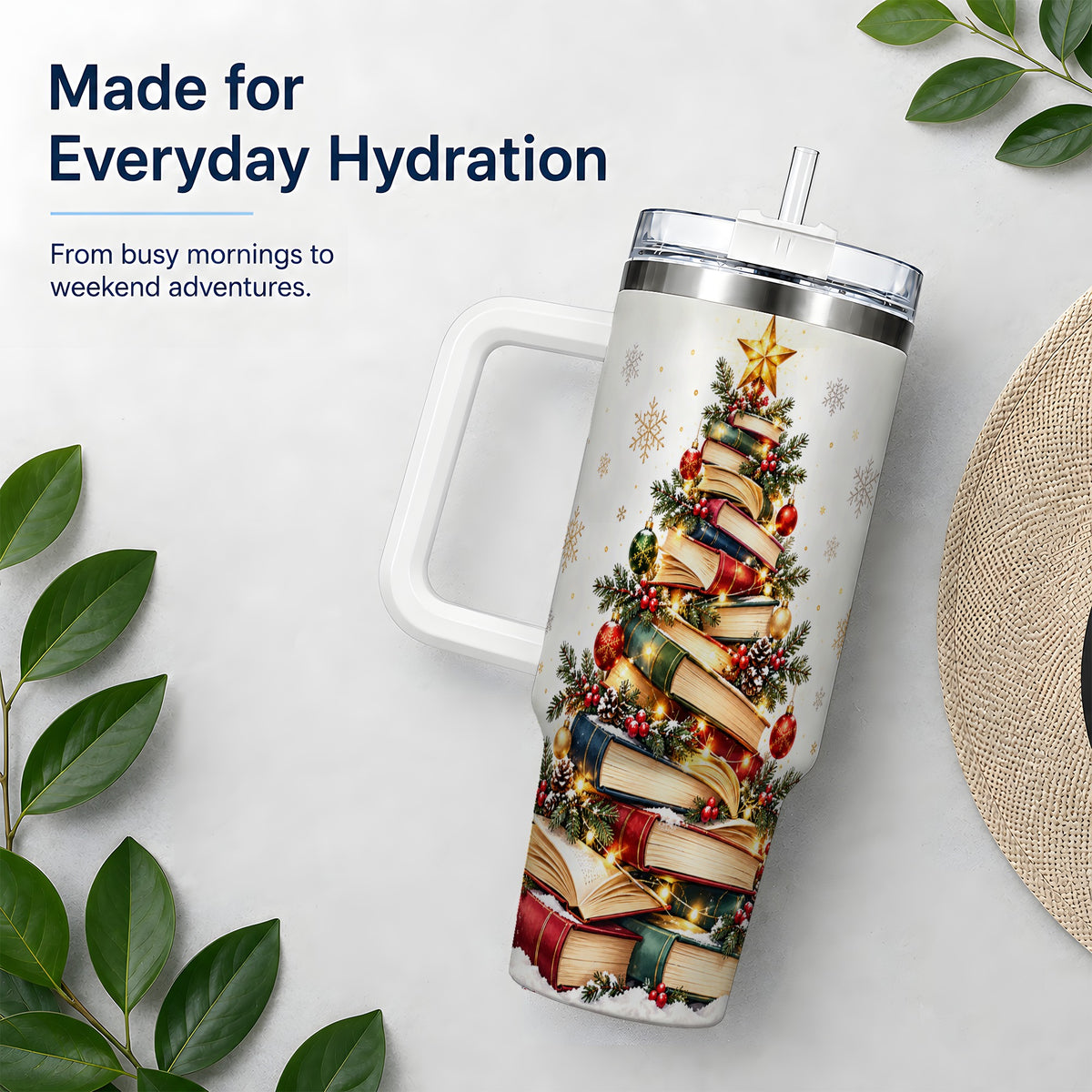 Christmas Book Tree 40oz Handled Tumbler, Holiday Reading Theme