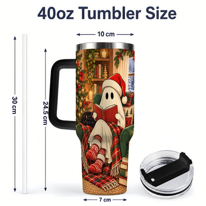 #pl[40oz|Black] Cozy Christmas Ghost 40oz Handled Tumbler, Holiday Book Lover Artwork