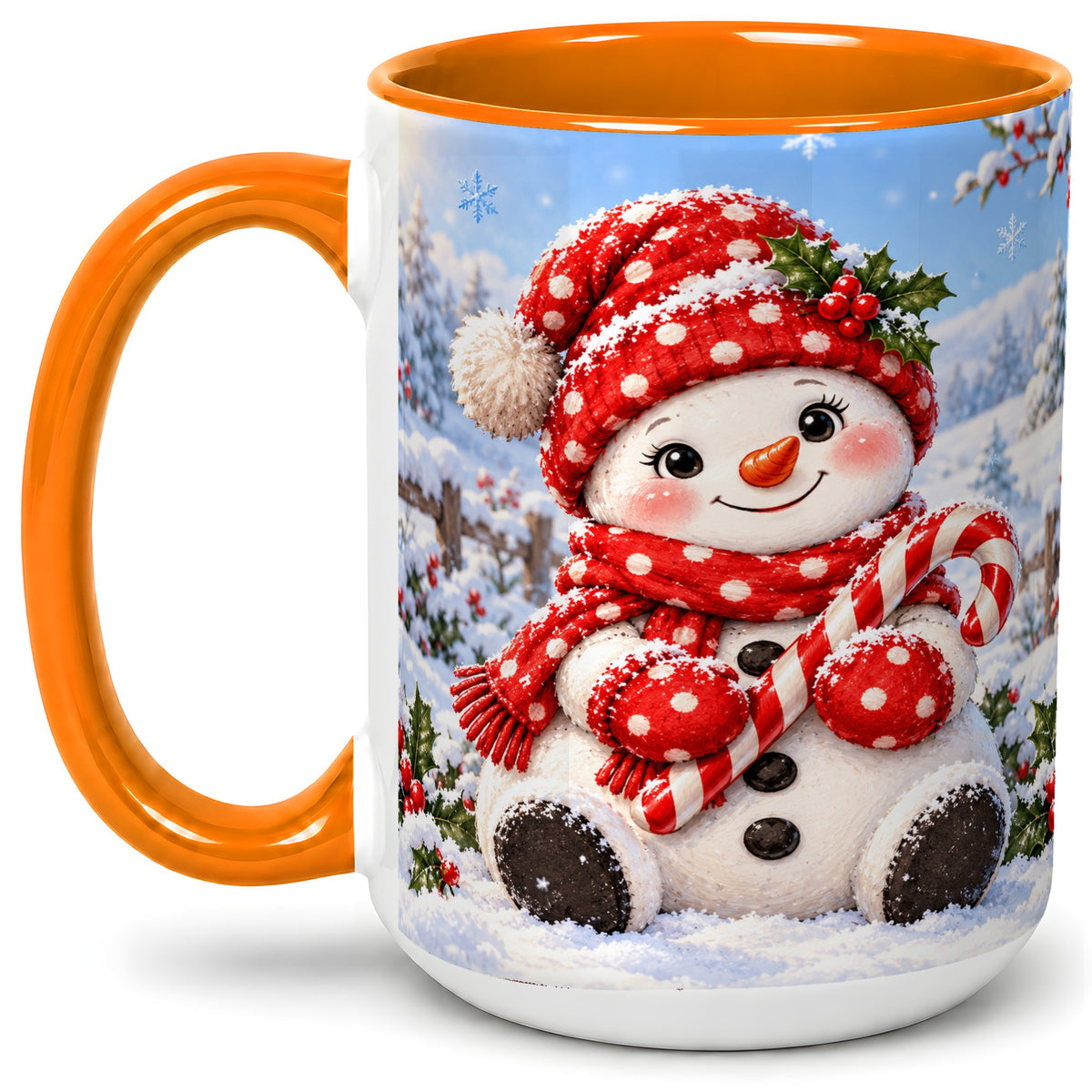 #pl[15oz|Orange] Cute Christmas Snowman Ceramic Mug, Red Polka Dot Winter Design