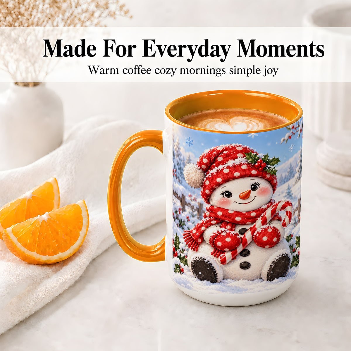#pl[15oz|Orange] Cute Christmas Snowman Ceramic Mug, Red Polka Dot Winter Design