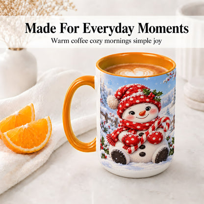 #pl[15oz|Orange] Cute Christmas Snowman Ceramic Mug, Red Polka Dot Winter Design