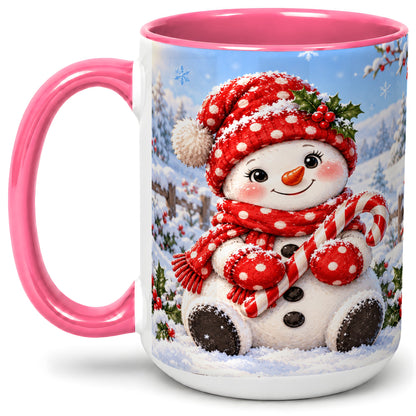 #pl[15oz|Pink] Cute Christmas Snowman Ceramic Mug, Red Polka Dot Winter Design