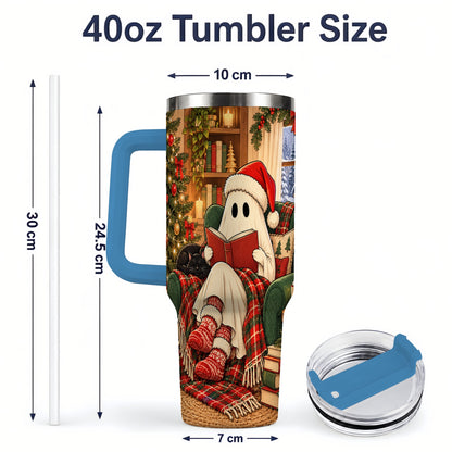 #pl[40oz|Blue] Cozy Christmas Ghost 40oz Handled Tumbler, Holiday Book Lover Artwork