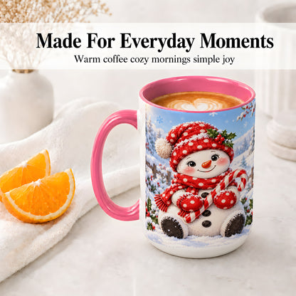 #pl[15oz|Pink] Cute Christmas Snowman Ceramic Mug, Red Polka Dot Winter Design