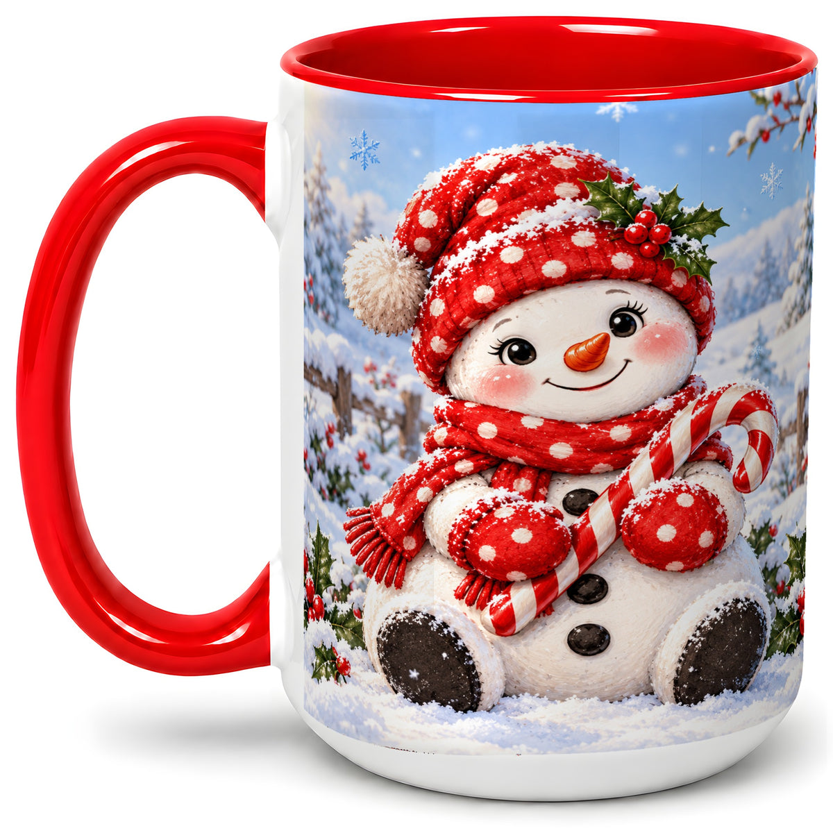 #pl[15oz|Red] Cute Christmas Snowman Ceramic Mug, Red Polka Dot Winter Design