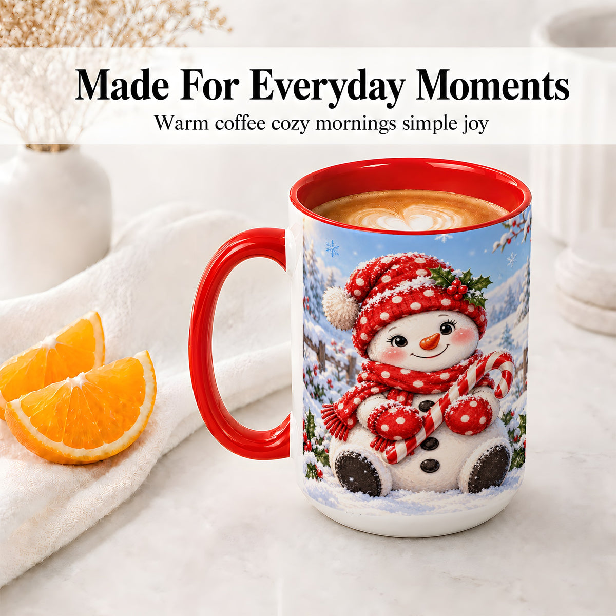 #pl[15oz|Red] Cute Christmas Snowman Ceramic Mug, Red Polka Dot Winter Design
