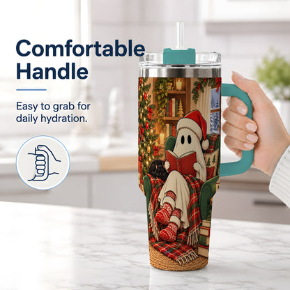 #pl[40oz|Green] Cozy Christmas Ghost 40oz Handled Tumbler, Holiday Book Lover Artwork