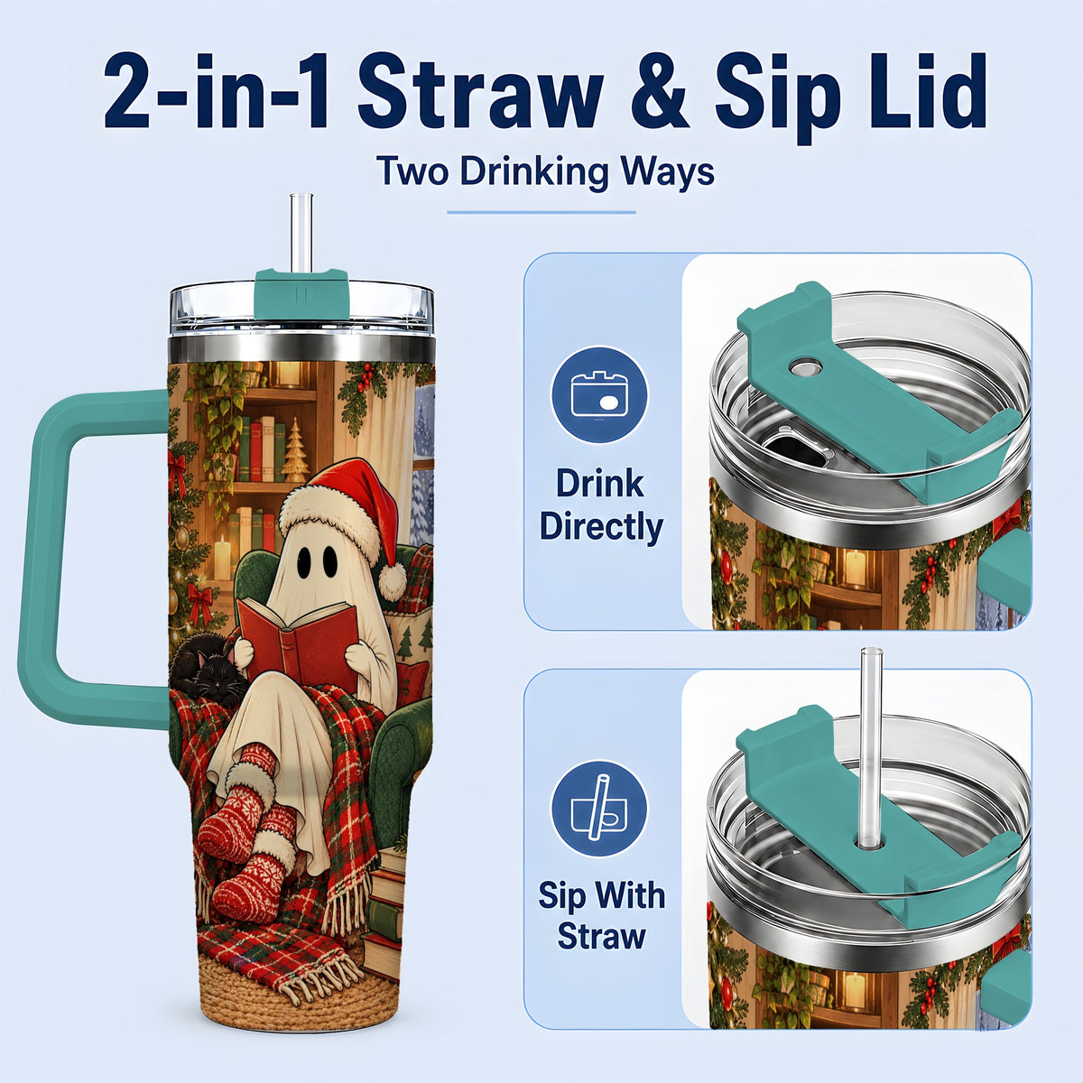 #pl[40oz|Green] Cozy Christmas Ghost 40oz Handled Tumbler, Holiday Book Lover Artwork