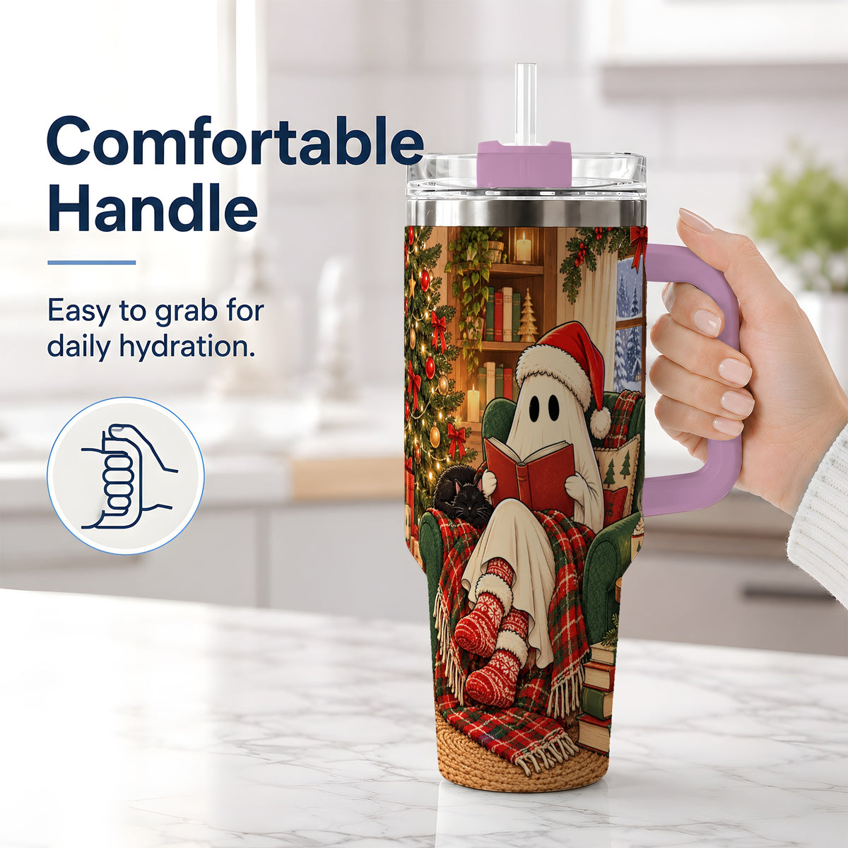 #pl[40oz|Pink] Cozy Christmas Ghost 40oz Handled Tumbler, Holiday Book Lover Artwork