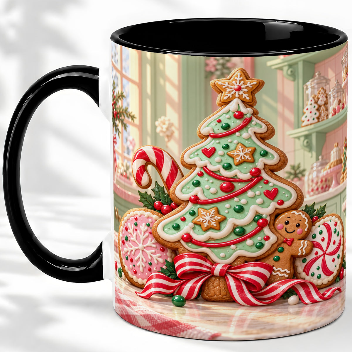 #pl[11oz|Black] Gingerbread Christmas Cookies Ceramic Mug, Festive Holiday Baking Art