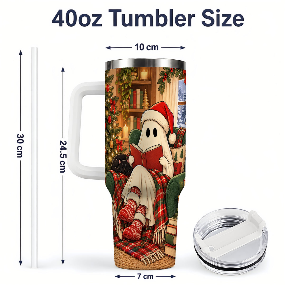 #pl[40oz|White] Cozy Christmas Ghost 40oz Handled Tumbler, Holiday Book Lover Artwork