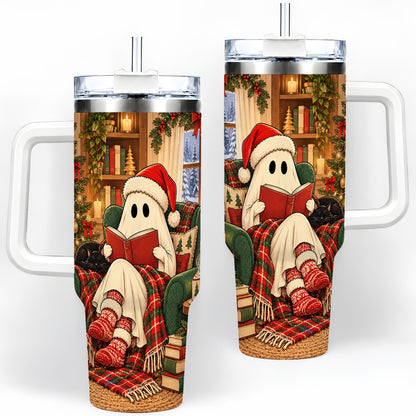 Cozy Christmas Ghost 40oz Handled Tumbler, Holiday Book Lover Artwork