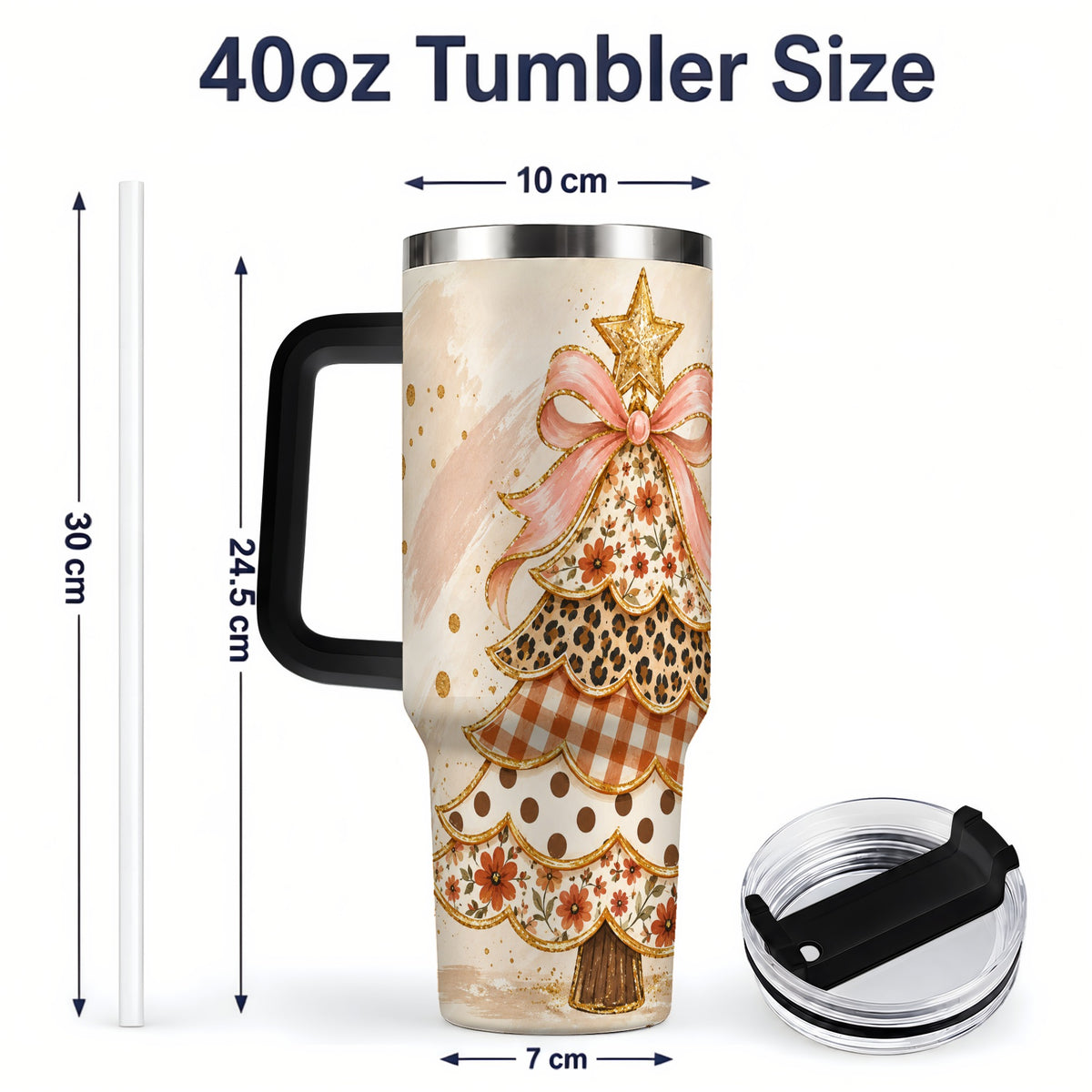 #pl[40oz|Black] Patchwork Christmas Tree 40oz Handled Tumbler, Pink Ribbon Holiday Art
