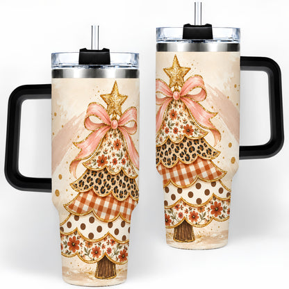#pl[40oz|Black] Patchwork Christmas Tree 40oz Handled Tumbler, Pink Ribbon Holiday Art