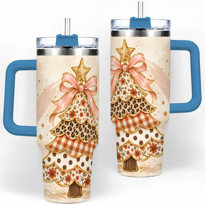 #pl[40oz|Blue] Patchwork Christmas Tree 40oz Handled Tumbler, Pink Ribbon Holiday Art