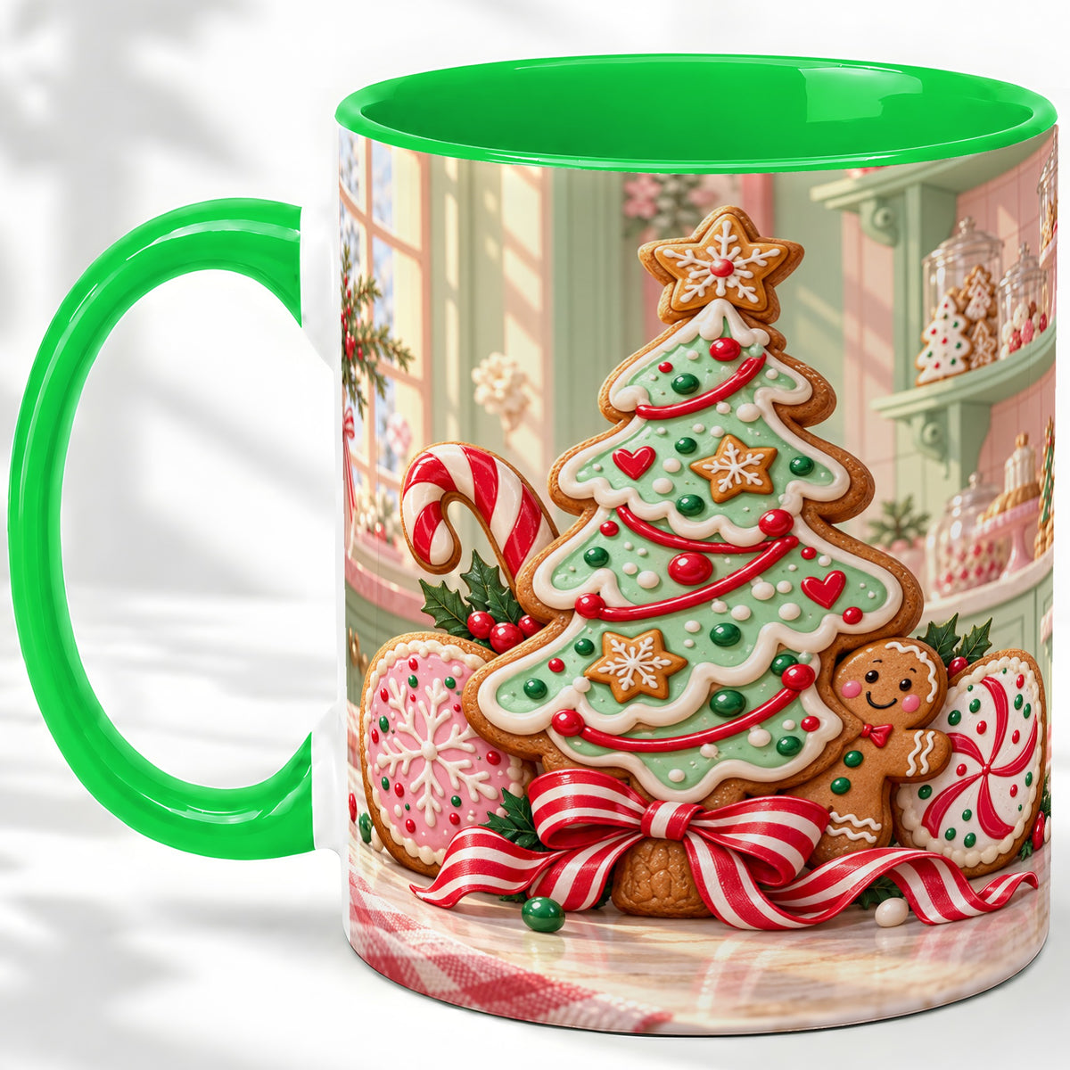 #pl[11oz|Green] Gingerbread Christmas Cookies Ceramic Mug, Festive Holiday Baking Art