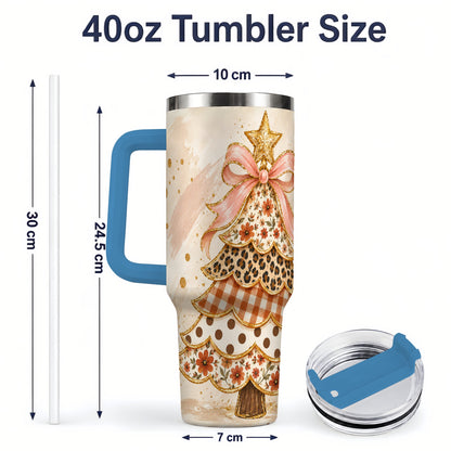#pl[40oz|Blue] Patchwork Christmas Tree 40oz Handled Tumbler, Pink Ribbon Holiday Art