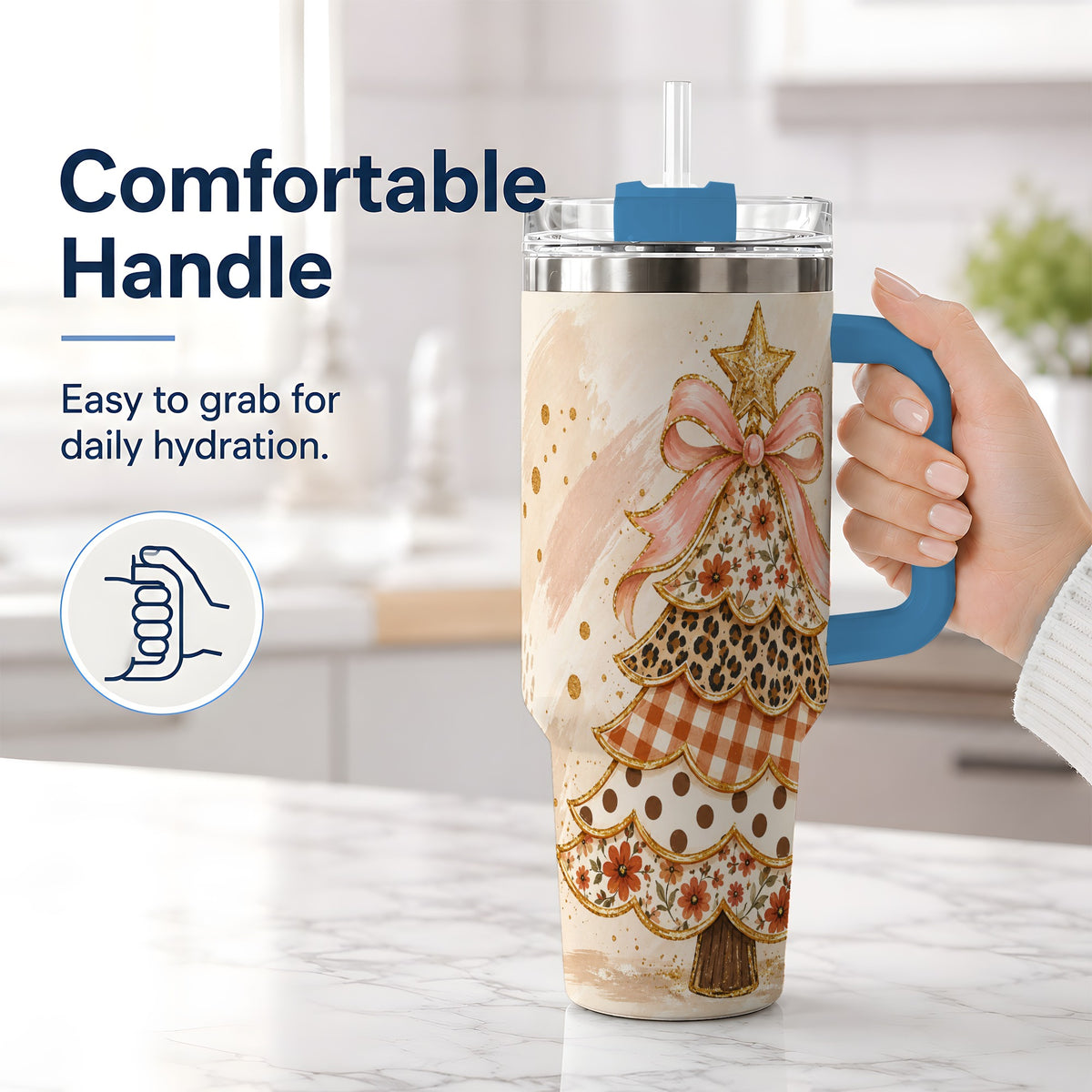 #pl[40oz|Blue] Patchwork Christmas Tree 40oz Handled Tumbler, Pink Ribbon Holiday Art