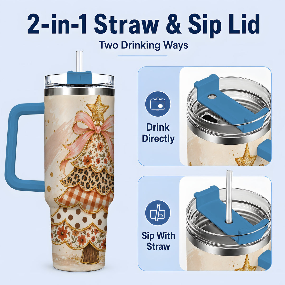 #pl[40oz|Blue] Patchwork Christmas Tree 40oz Handled Tumbler, Pink Ribbon Holiday Art
