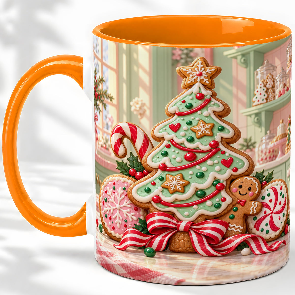 #pl[11oz|Orange] Gingerbread Christmas Cookies Ceramic Mug, Festive Holiday Baking Art