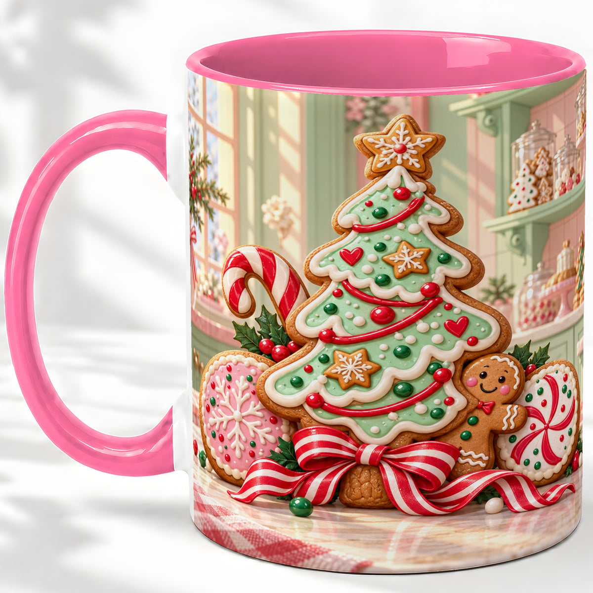 #pl[11oz|Pink] Gingerbread Christmas Cookies Ceramic Mug, Festive Holiday Baking Art