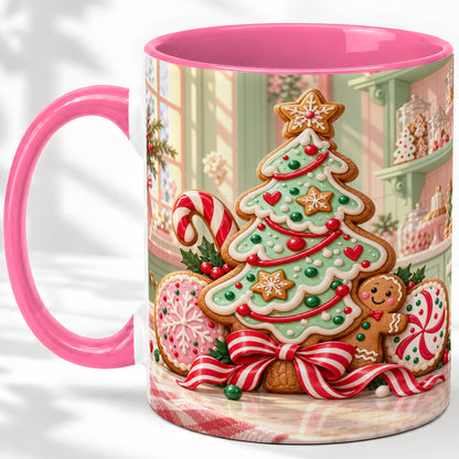 #pl[11oz|Pink] Gingerbread Christmas Cookies Ceramic Mug, Festive Holiday Baking Art