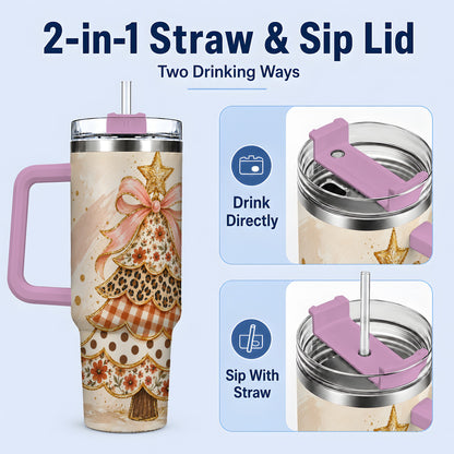 #pl[40oz|Pink] Patchwork Christmas Tree 40oz Handled Tumbler, Pink Ribbon Holiday Art