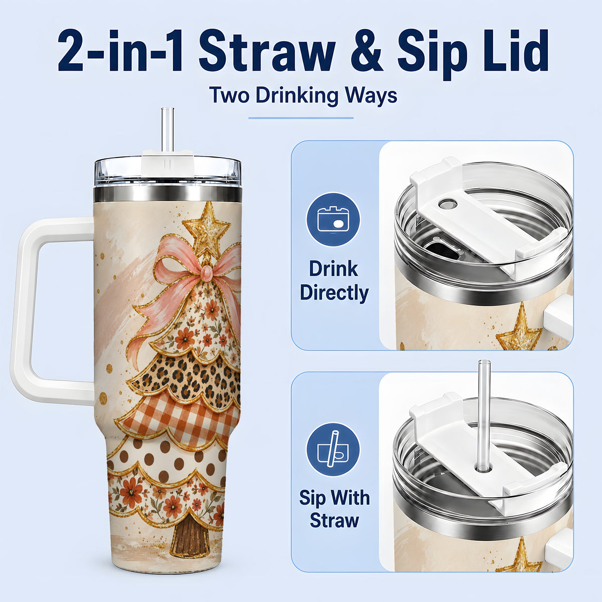 #pl[40oz|White] Patchwork Christmas Tree 40oz Handled Tumbler, Pink Ribbon Holiday Art