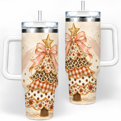 Patchwork Christmas Tree 40oz Handled Tumbler, Pink Ribbon Holiday Art