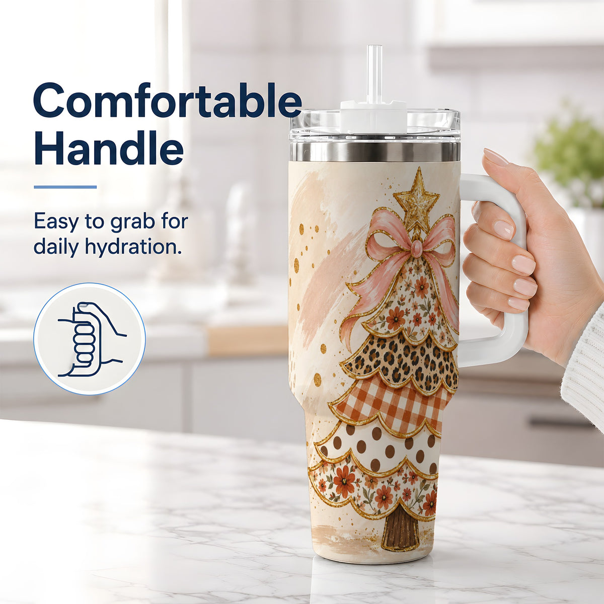 #pl[40oz|White] Patchwork Christmas Tree 40oz Handled Tumbler, Pink Ribbon Holiday Art